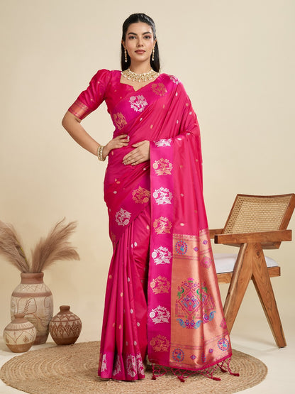 Pink Kanjivaram Silk Saree With Zari Weaving Butta Border & Designer Rich Paithani Pallu