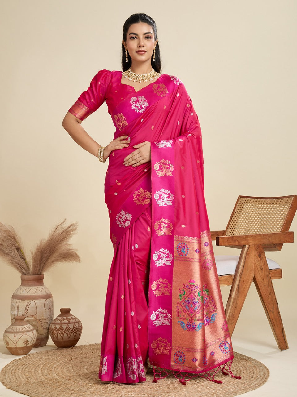 Pink Kanjivaram Silk Saree With Zari Weaving Butta Border & Designer Rich Paithani Pallu