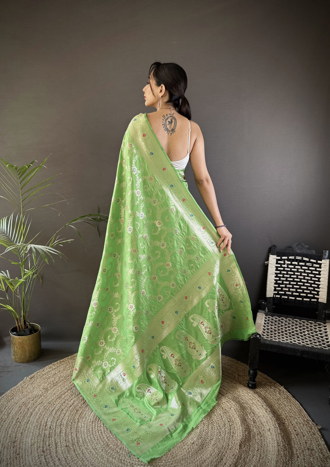 Parrot Green Soft Katan Banarasi Silk Saree With Meenakari Zari Weaving Work