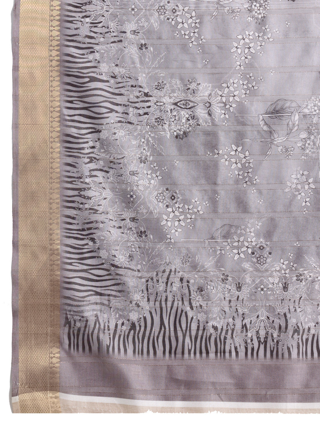 Gray Soft Cotton Saree With Digital Printed Pallu & Zari Border