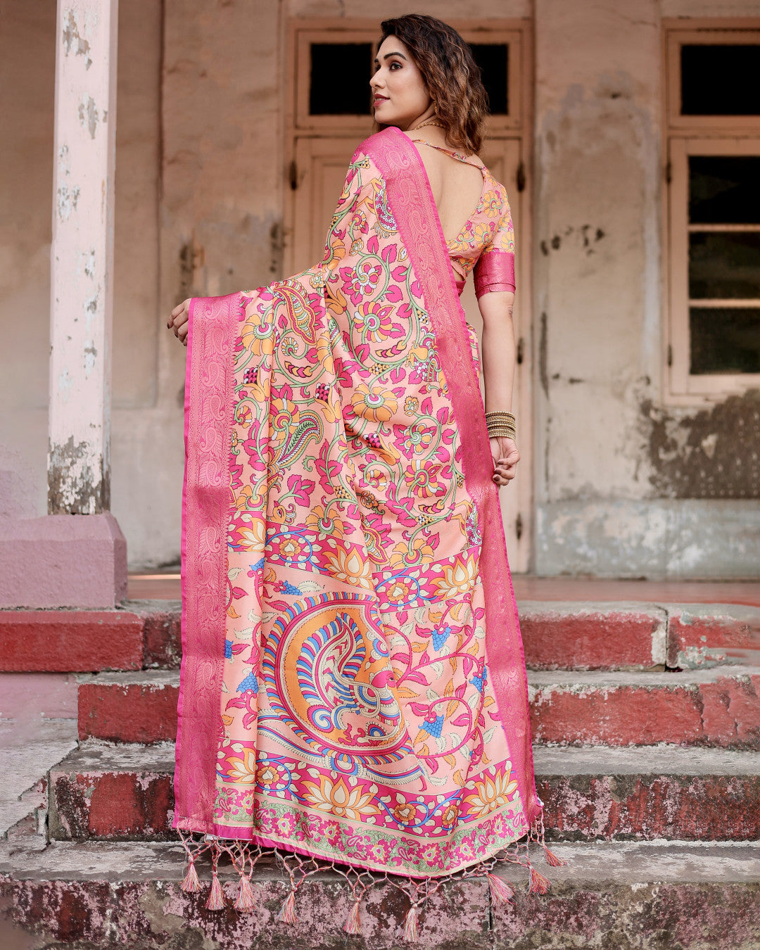 Multi Kalamkari Digital Printed Dola Silk Saree With Gold Zari Border