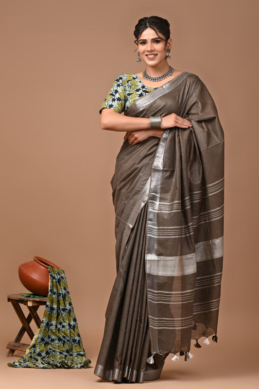 Gray Colour Pure Plain Linen Cotton Saree With Ajrakh Blockprinted Cotton Blouse