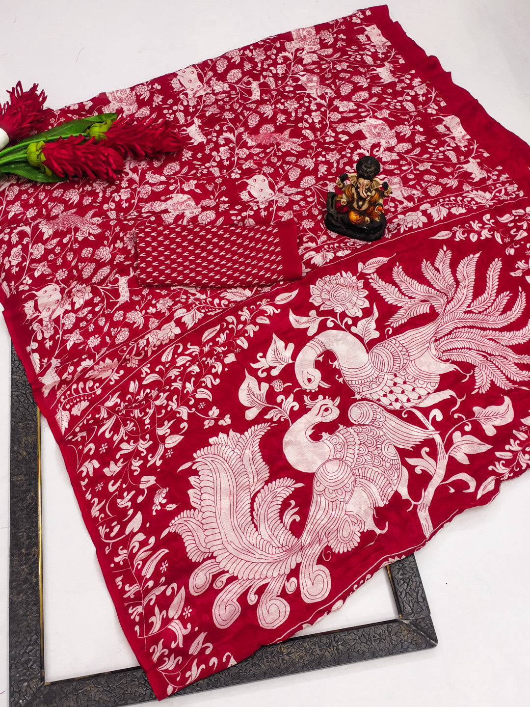 Red Soft Crush Chinnon Silk Saree With Allover Kalamkari Printed Design