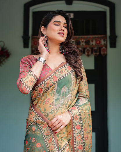 Soft Linen Cotton Saree With Kalamkari Printed Work