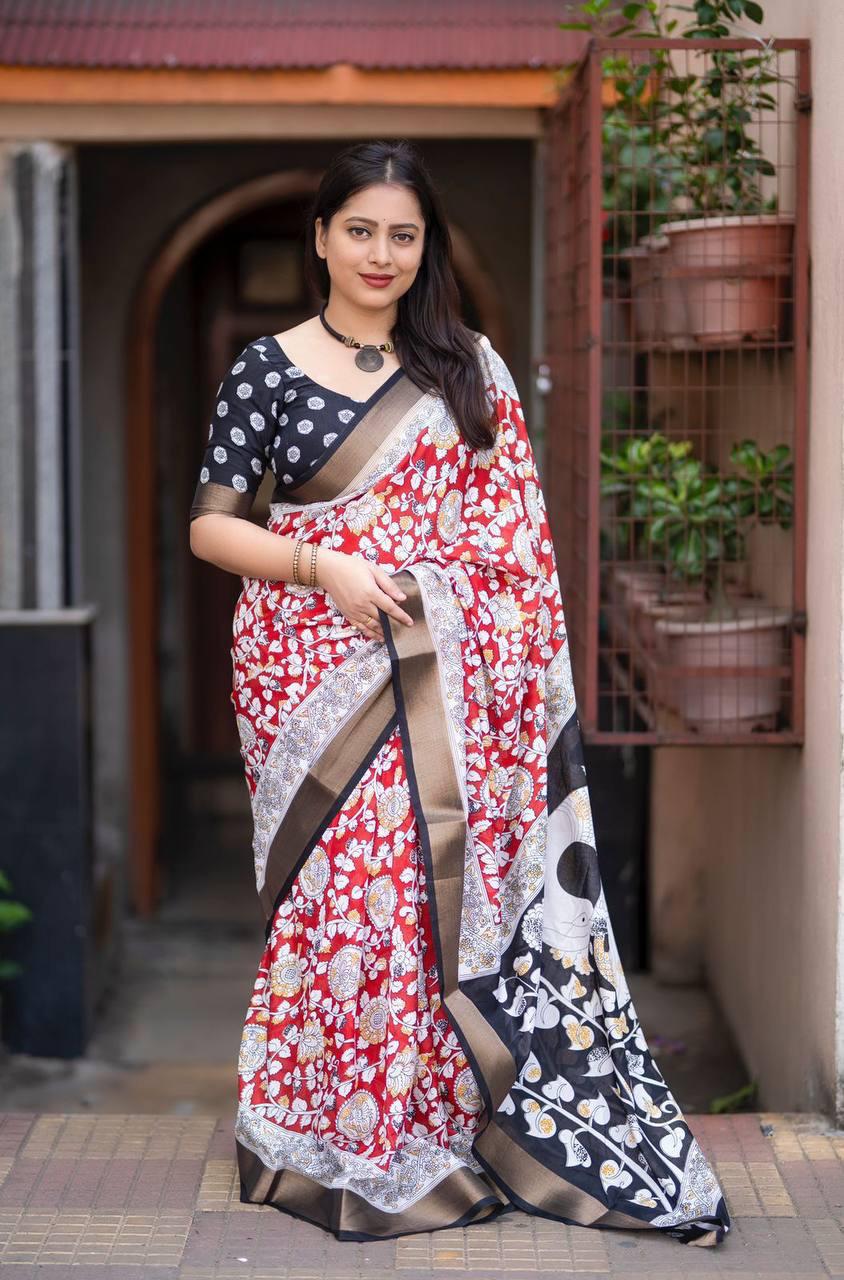 Red Soft Linen Cotton Saree With Kalamkari Printed Work