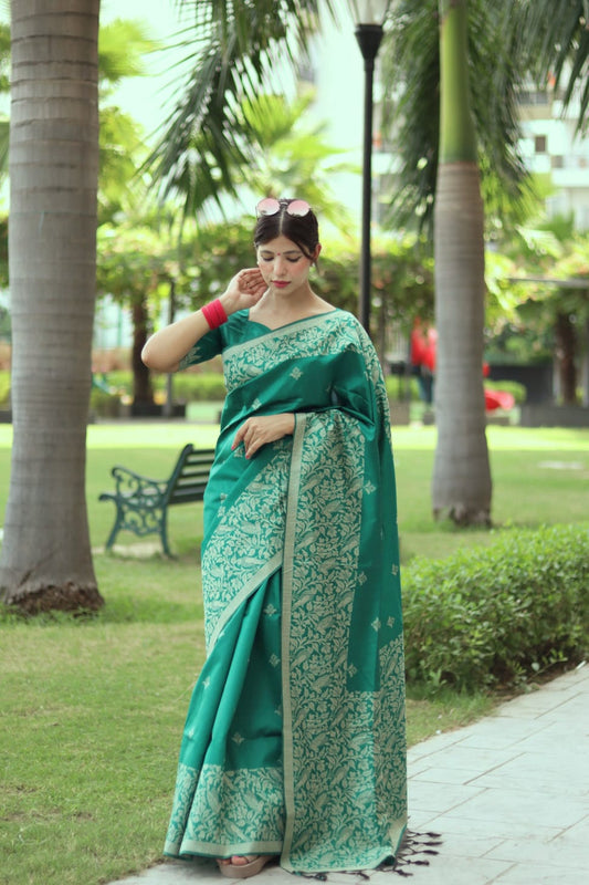 Rama Green Color Soft Handloom Raw Silk Saree With Weaving Work