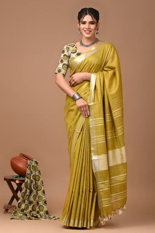 Mustrad Yellow Colour Pure Plain Linen Cotton Saree With Ajrakh Blockprinted Cotton Blouse