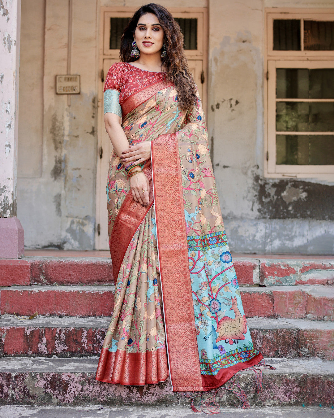 Beige Kalamkari Digital Printed Dola Silk Saree With Gold Zari Border