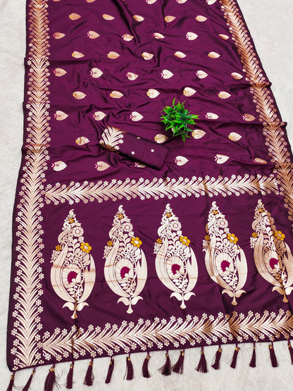 Wine Traditional Banarasi Silk Saree With Zari Weaving Work