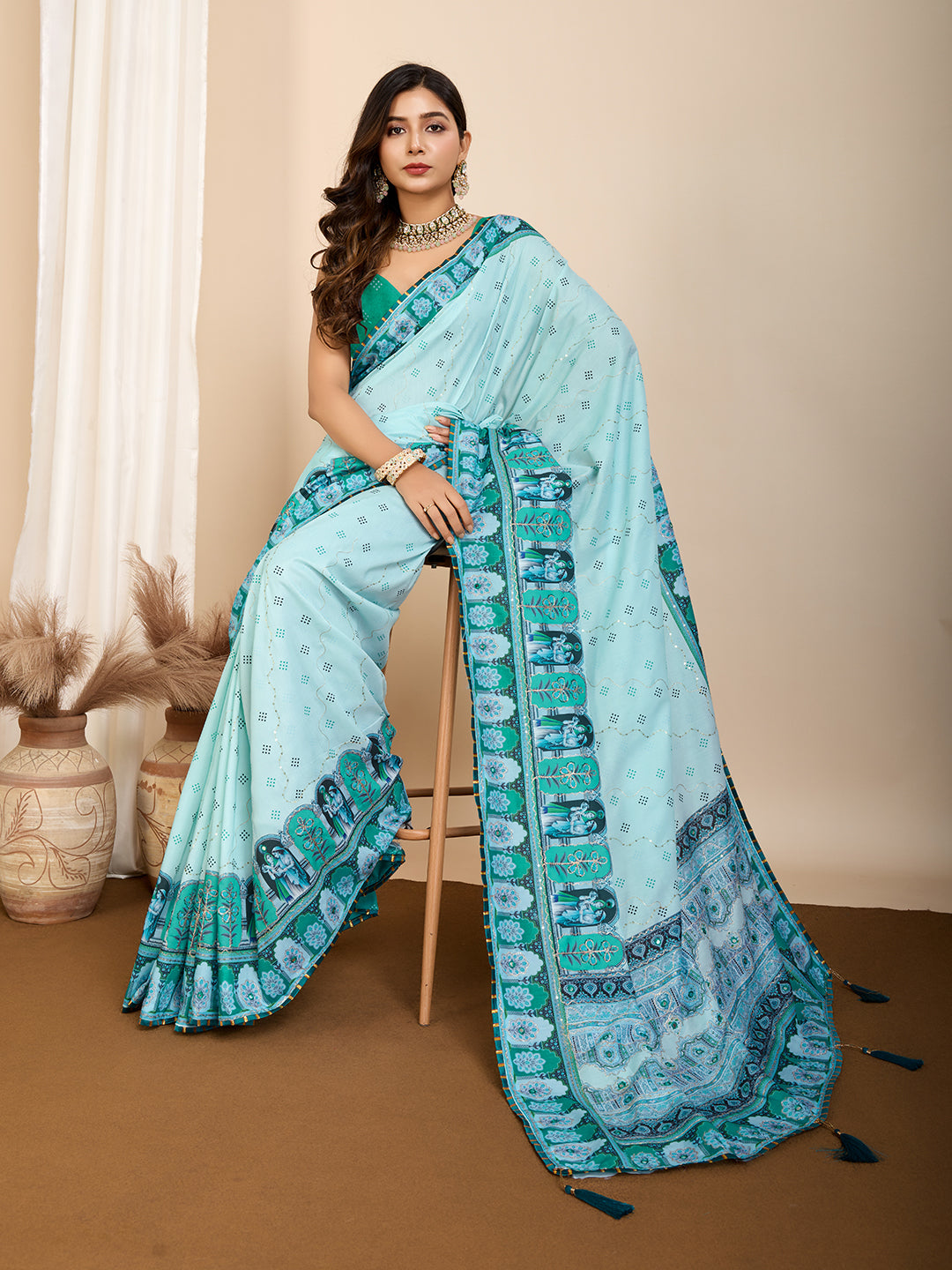 Sky Blue Fancy Muslin Cotton Saree With Digital Printed Work