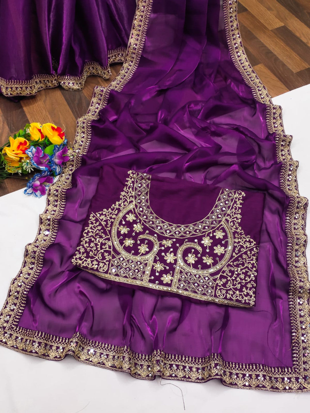 Magenta Fancy Jimmy Choo Satin Silk Saree With Embrodery & Sequence Work