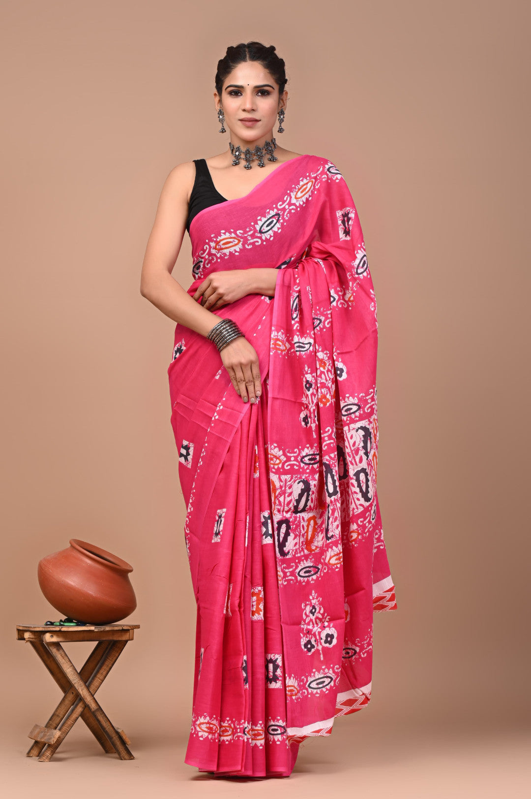 Pink Pure Mulmul Cotton Saree With Bagru Hand Block Printed Work