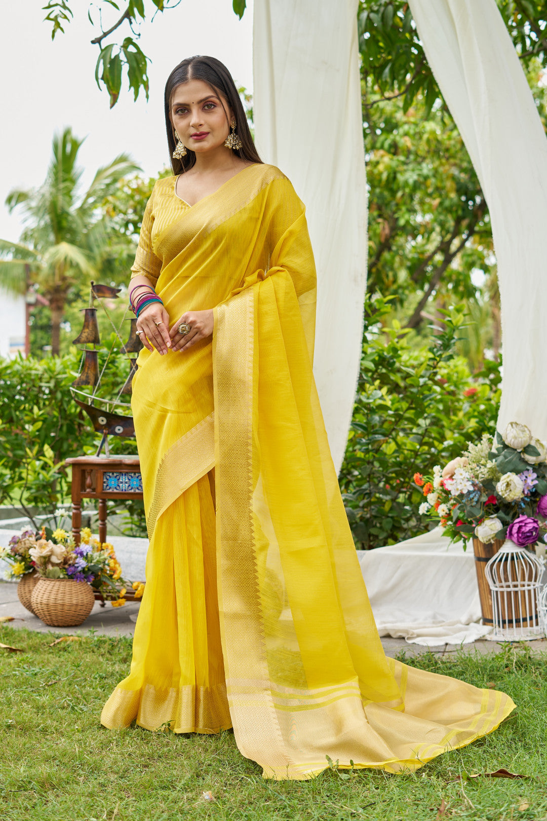 Yellow Color Linen Cotton Saree With Zari Weaving Border