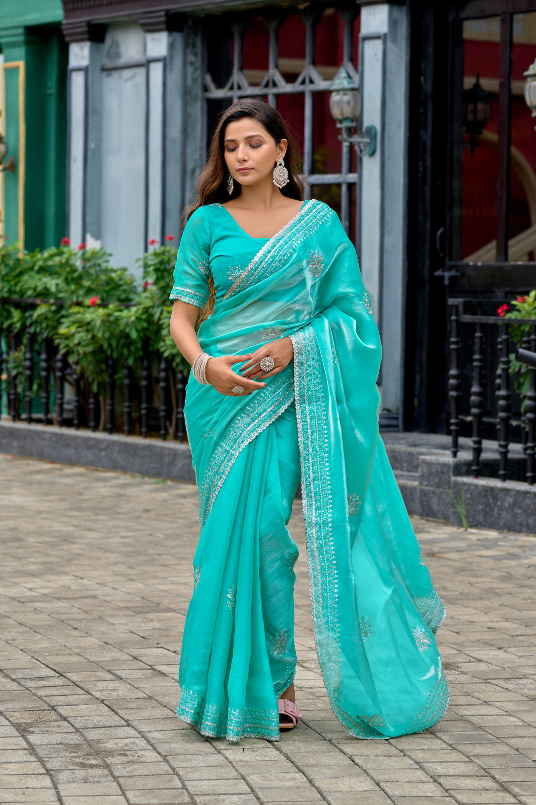 Sky Blue Fancy Shimmer Chiffon Saree With Embroidery Work