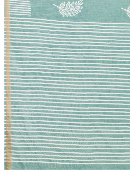 Sea Green Linen Cotton Saree With Digital Printed Work And Silver Zari Border