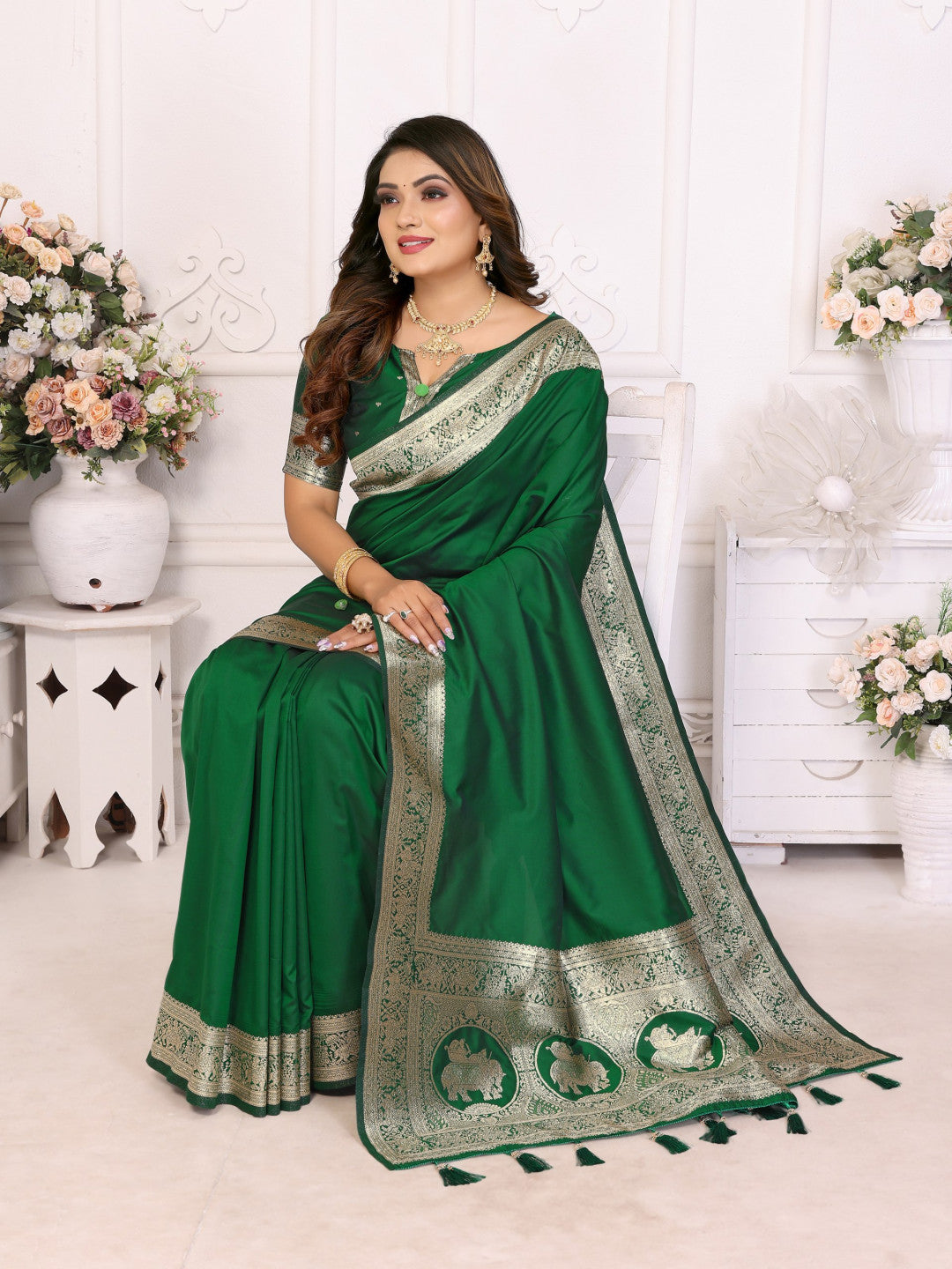 Premium Summer Special Green Banarasi Silk Saree With Gala Weaving Exclusive Work