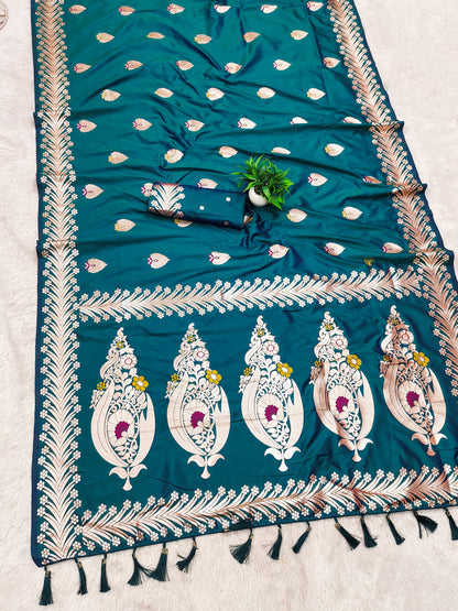 Firoji Traditional Banarasi Silk Saree With Zari Weaving Work