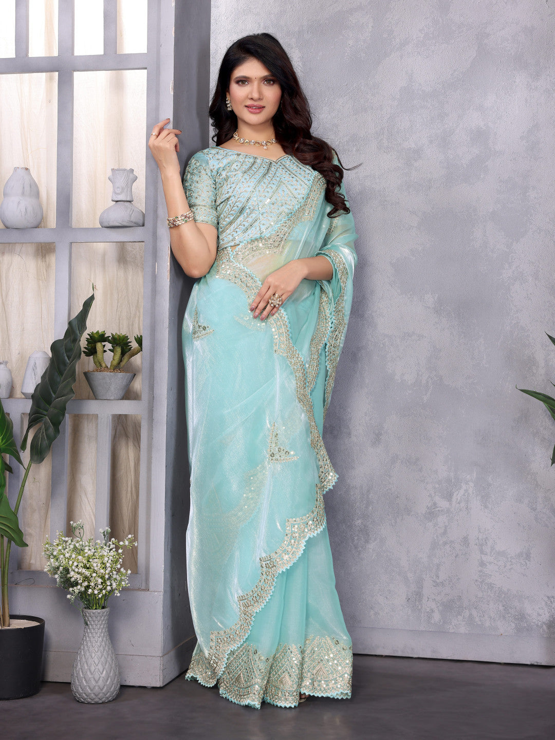 Sky Blue Fancy Shimmer Chiffon Saree With Embroidery Work