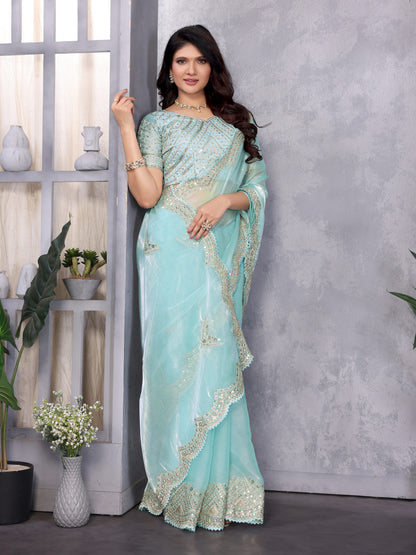 Sky Blue Fancy Shimmer Chiffon Saree With Embroidery Work