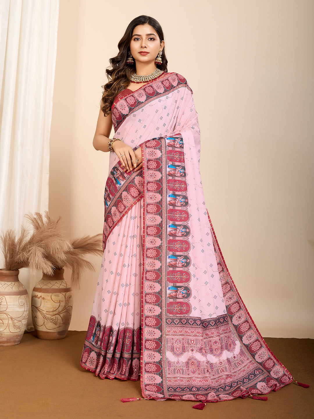 Baby Pink Fancy Muslin Cotton Saree With Digital Printed Work