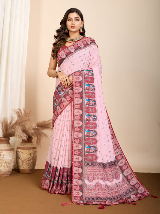 Baby Pink Fancy Muslin Cotton Saree With Digital Printed Work