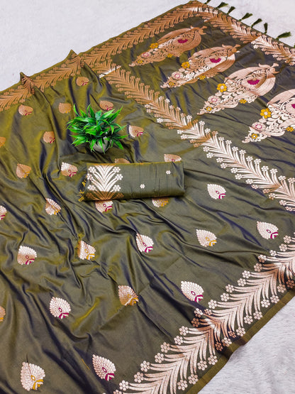 Mahendi Green Traditional Banarasi Silk Saree With Zari Weaving Work