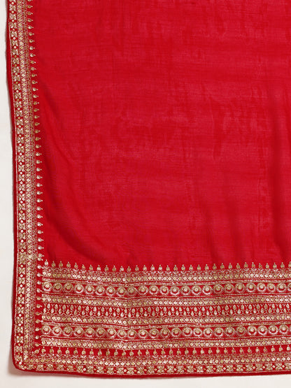 Red Soft Vichitra Silk Saree With Embroidery Work
