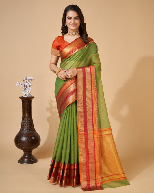 Mahendi Green Color Kota Doriya Saree With Zari Weaving Work