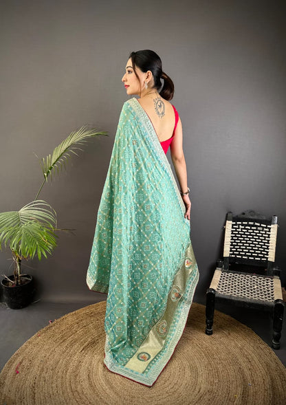 Sea Green Traditional Blooming Vichitra Khadi Bandhej Silk Saree With Sequence Work