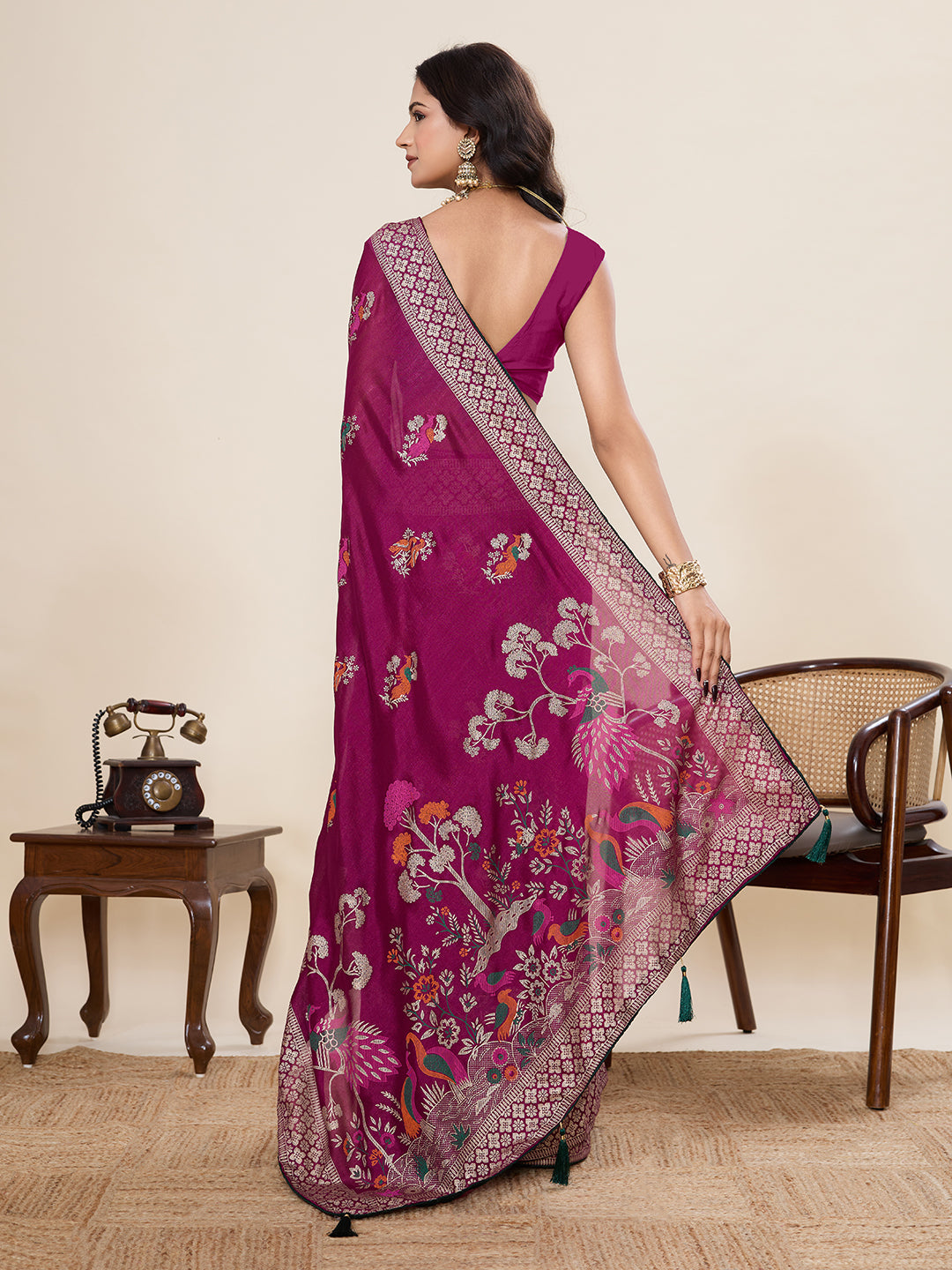 Wine Cotton Saree With Table Printed And Foil Work With Pipeing Border