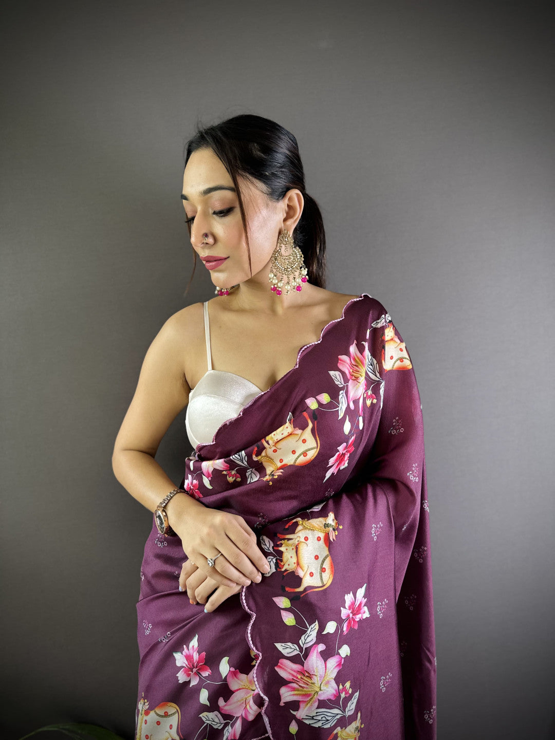 Magenta Gadhwal Silk Saree With Pichwai Print And Embroidery Cut Work