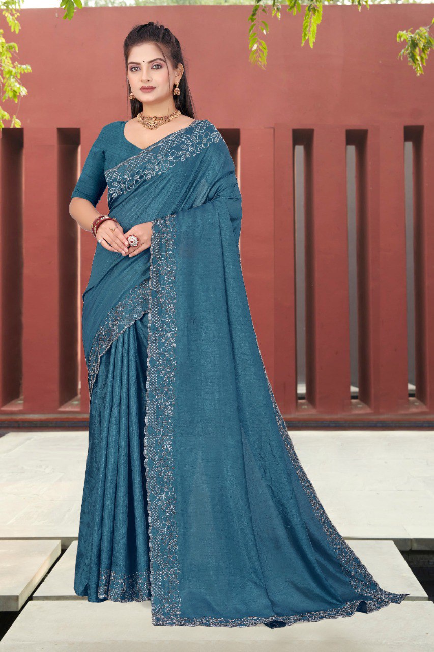 Firoji Dola Silk Saree With Siroski Work Border