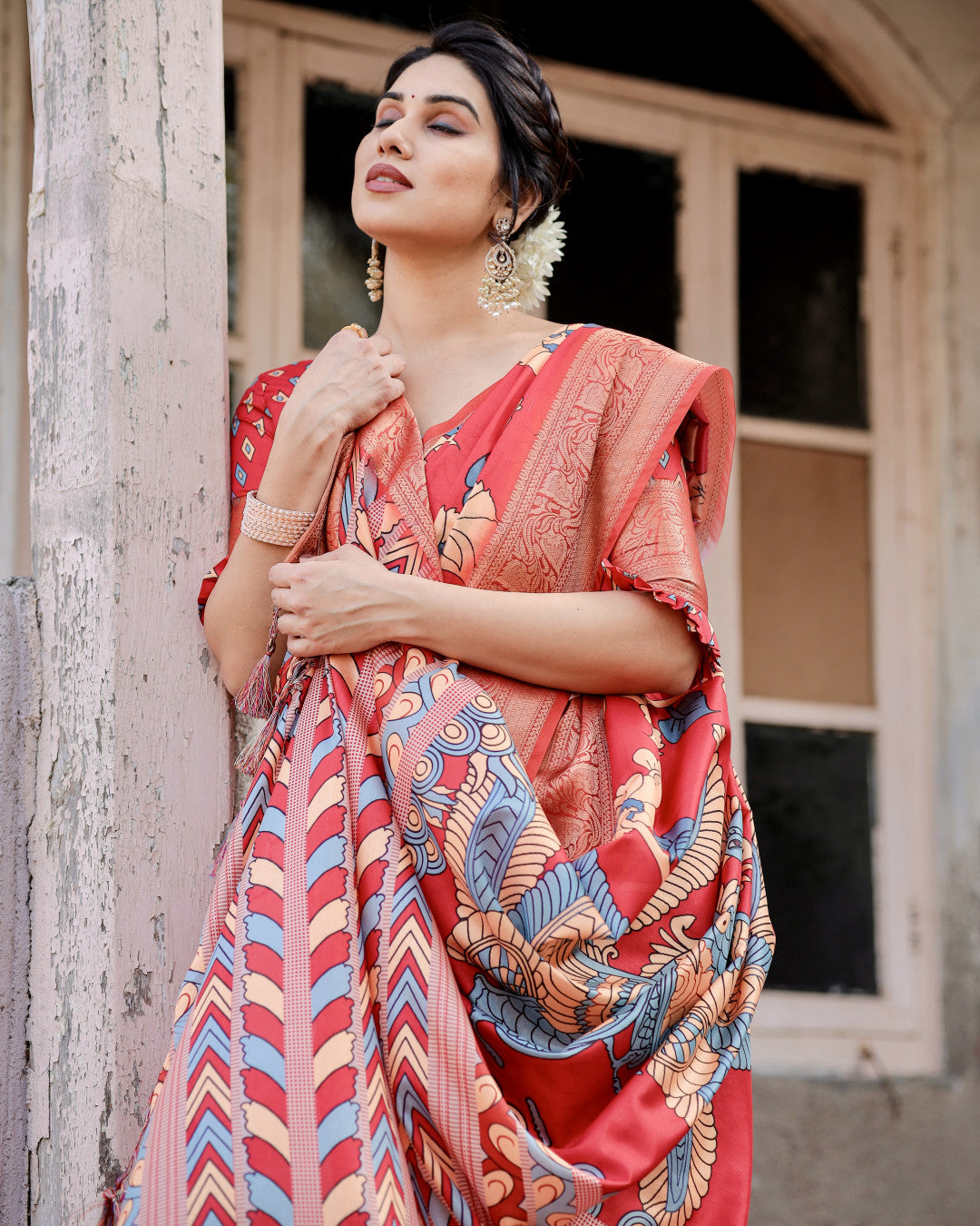 Red Digital Kalamkari Printed Tussar Silk Saree With Zari Motif Border