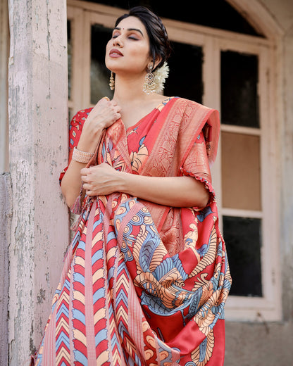 Red Digital Kalamkari Printed Tussar Silk Saree With Zari Motif Border