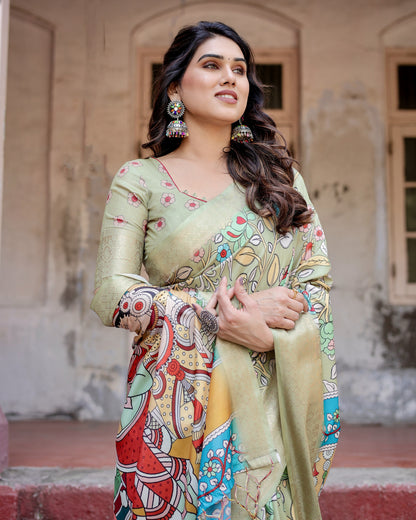 Pista Green Kalamakari Digital Printed Tussar Silk Saree With Zari Motif Border