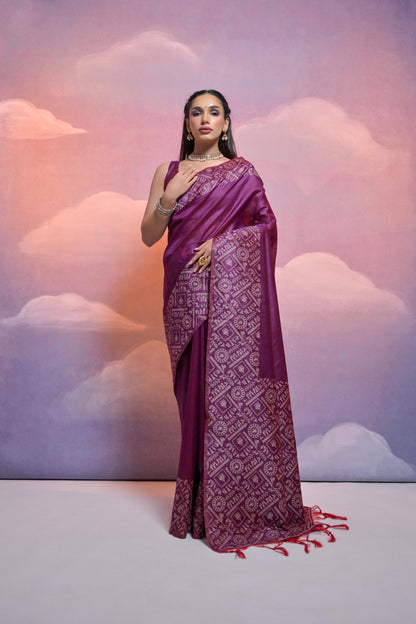 Wine Color Handloom Raw Silk Saree With Contrast Weaving Work