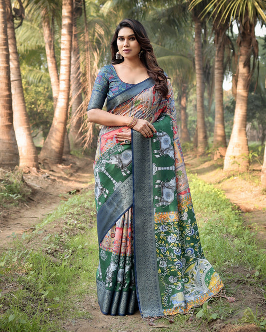 Multi Fancy Kalamkari Digital Printed Tussar Silk Saree