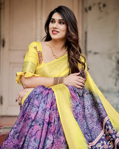 Magenta Kalamkari Digital Printed Dola Silk Saree With Gold Zari Border