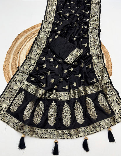 Black Color Soft Viscose Satin Silk Saree With Zari Weaving Work