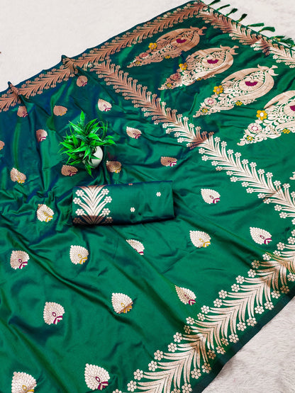 Rama Green Traditional Banarasi Silk Saree With Zari Weaving Work