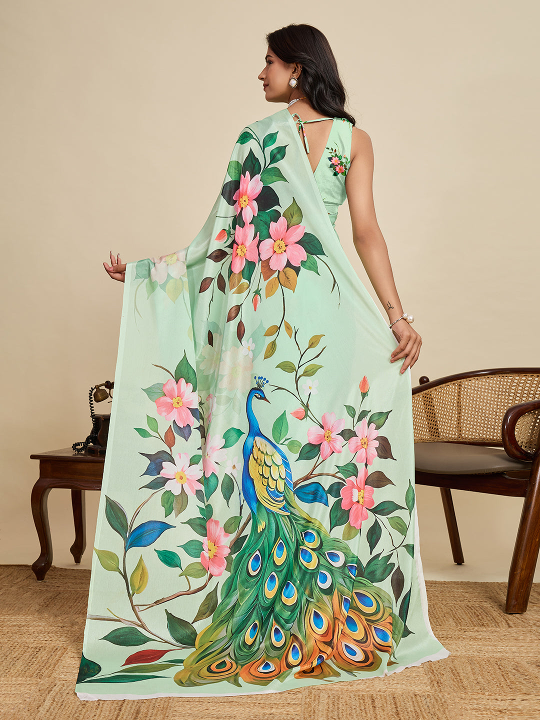 Sea Green Soft Chinnon Silk Saree With Digital Printed Work
