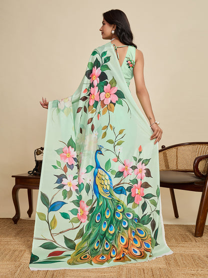 Sea Green Soft Chinnon Silk Saree With Digital Printed Work