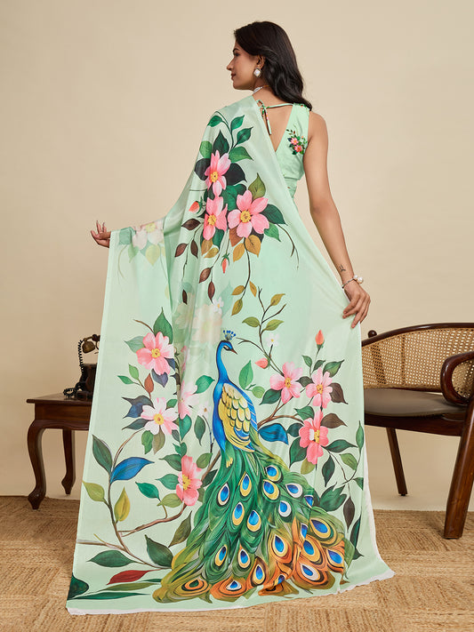Sea Green Soft Chinnon Silk Saree With Digital Printed Work