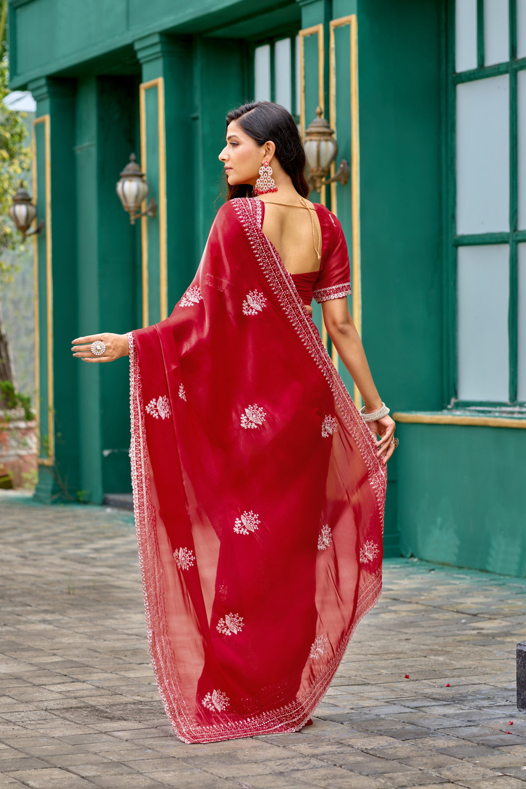 Red Fancy Shimmer Chiffon Saree With Embroidery Work