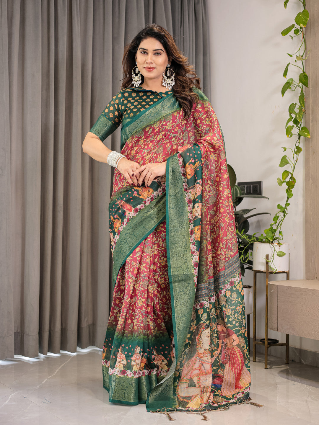 Multi Kalamkari Digital Printed Linen Cotton Saree