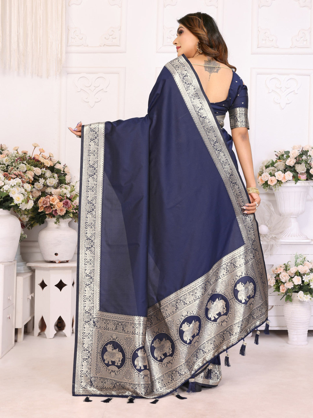 Premium Summer Special Navy Blue Banarasi Silk Saree With Gala Weaving Exclusive Work