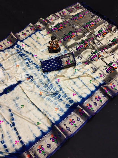 Navy Blue Color Dola Silk Saree With Shibori Print & Zari Weaving Work