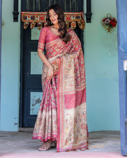 Kalamkari Digital Printed Linen Cotton Saree