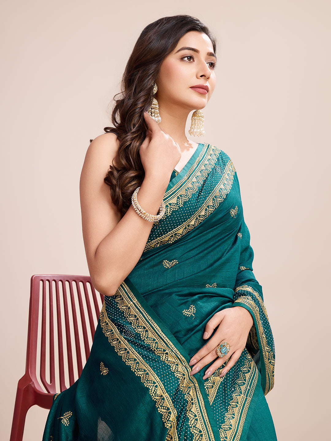 Fancy Rama Green Soft Vichitra Silk Saree With Embroidery Work