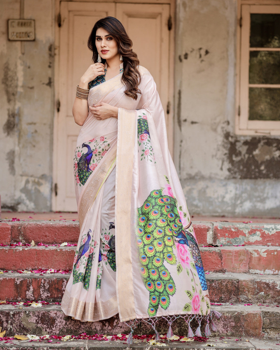 Pastel Pink Peacock Kalamkari Printed Tussar Silk Saree With Zari Motif Border